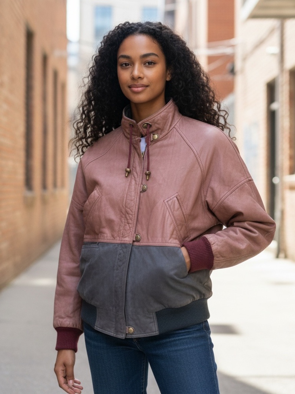 BRANDON THOMAS Vintage Oversized Two Tone Leather Bomber Jacket